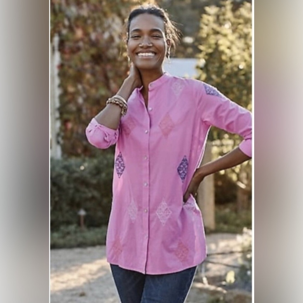 J. Jill Embroidered Button-Front Tunic Top Pink Long Sleeve Lightweight Medium